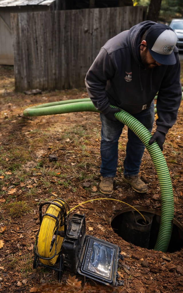 Worker servicing underground tank in woods